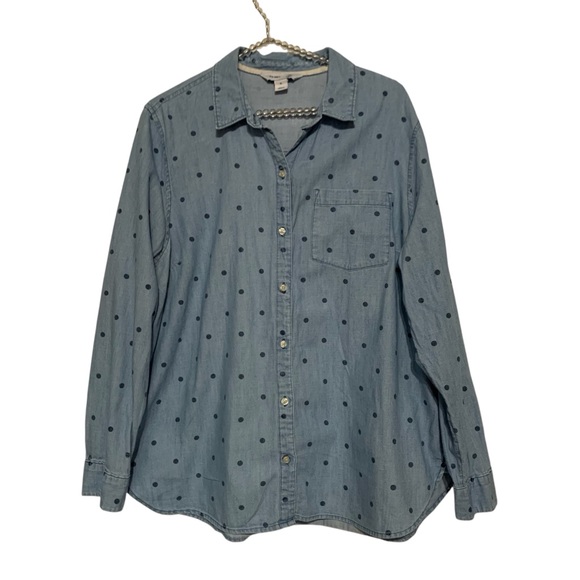 Old Navy Tops - OLD NAVY Women's Blue Chambray with Navy Polka Dot Button Down Shirt XLa…
